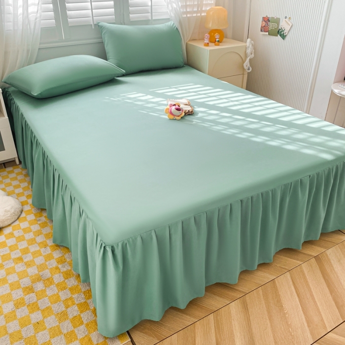 91家纺网 家纺一手货源 找家纺 极梦 2025新款纯色水洗棉磨毛单床裙三件套床垫保护套 薄荷绿