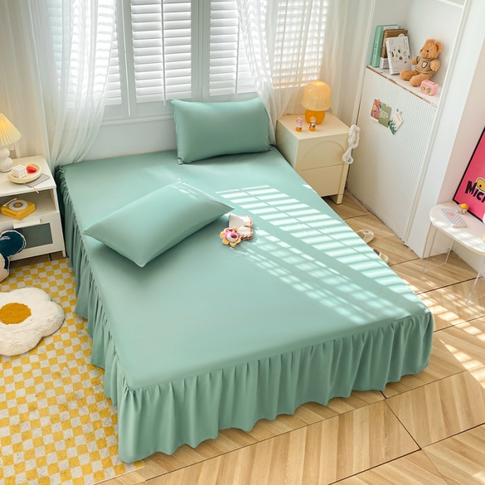 91家纺网 家纺一手货源 找家纺 极梦 2025新款纯色水洗棉磨毛单床裙三件套床垫保护套 薄荷绿