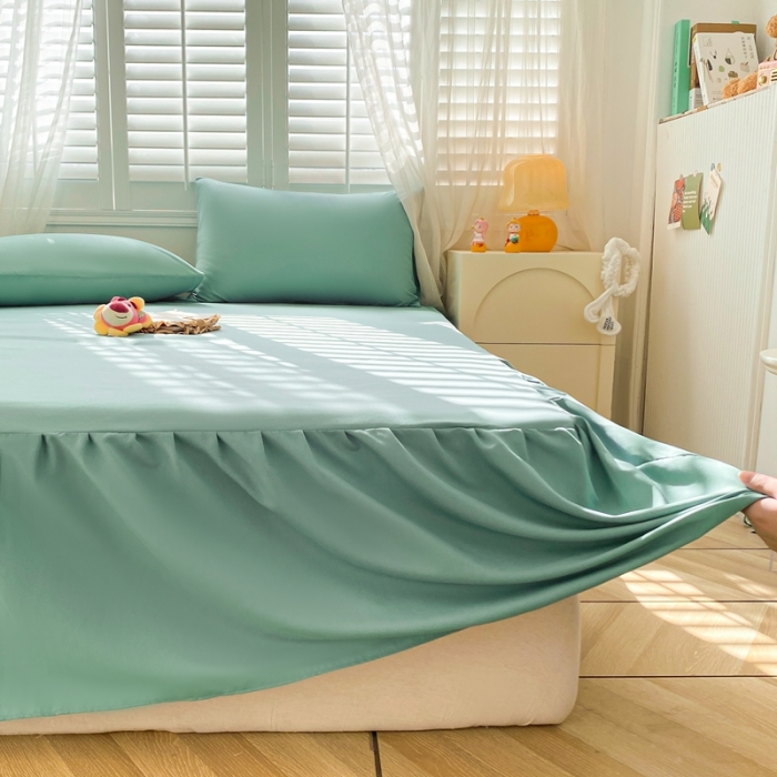 91家纺网 家纺一手货源 找家纺 极梦 2025新款纯色水洗棉磨毛单床裙三件套床垫保护套 薄荷绿