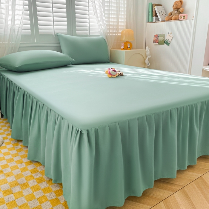 91家纺网 家纺一手货源 找家纺 极梦 2025新款纯色水洗棉磨毛单床裙三件套床垫保护套 薄荷绿
