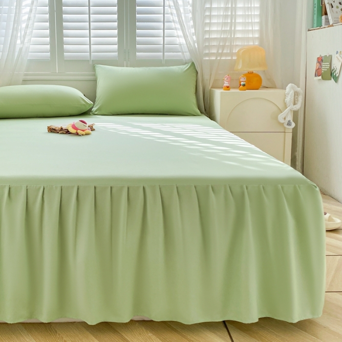 91家纺网 家纺一手货源 找家纺 极梦 2025新款纯色水洗棉磨毛单床裙三件套床垫保护套 草绿色