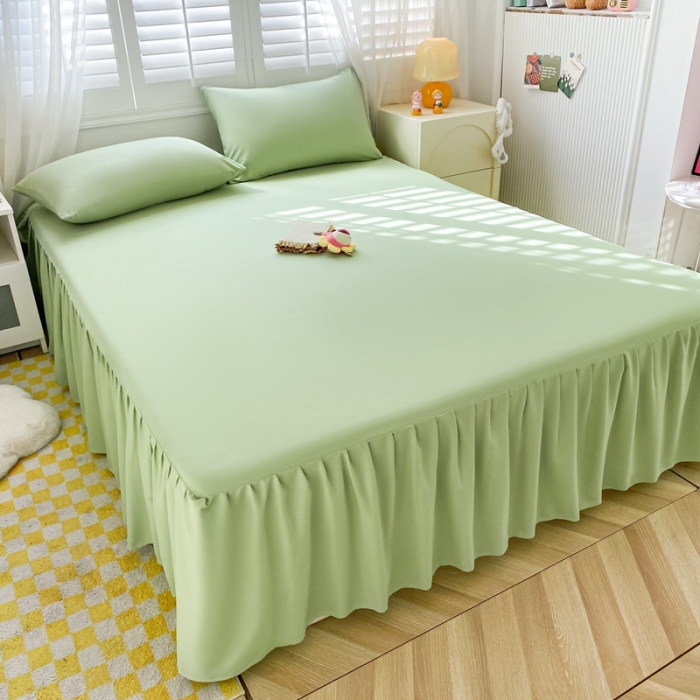 91家纺网 家纺一手货源 找家纺 极梦 2025新款纯色水洗棉磨毛单床裙三件套床垫保护套 草绿色