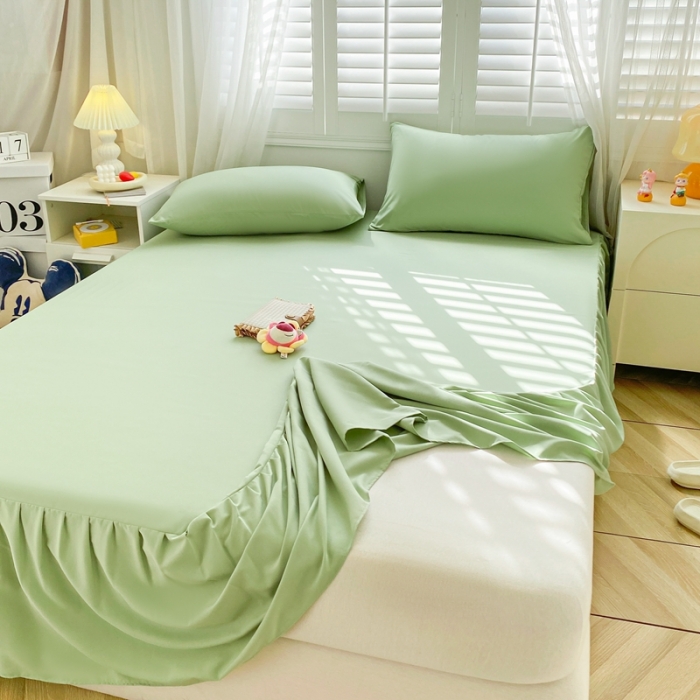 91家纺网 家纺一手货源 找家纺 极梦 2025新款纯色水洗棉磨毛单床裙三件套床垫保护套 草绿色