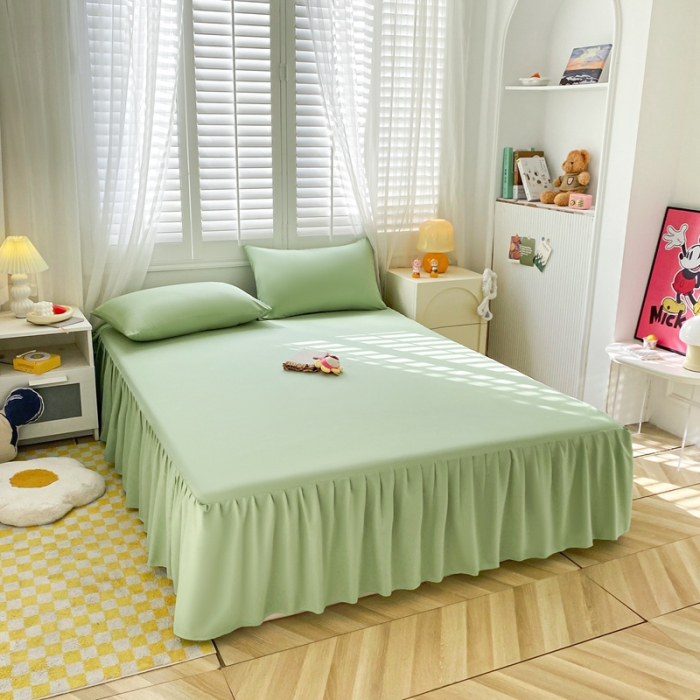 91家纺网 家纺一手货源 找家纺 极梦 2025新款纯色水洗棉磨毛单床裙三件套床垫保护套 草绿色