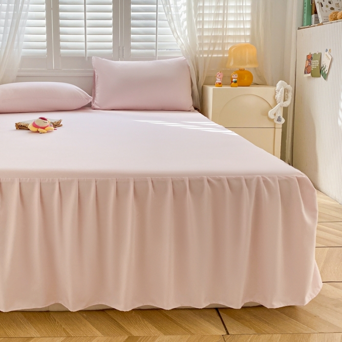 91家纺网 家纺一手货源 找家纺 极梦 2025新款纯色水洗棉磨毛单床裙三件套床垫保护套 淡浅粉