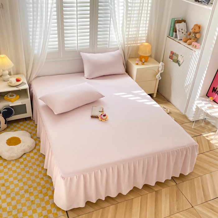 91家纺网 家纺一手货源 找家纺 极梦 2025新款纯色水洗棉磨毛单床裙三件套床垫保护套 淡浅粉
