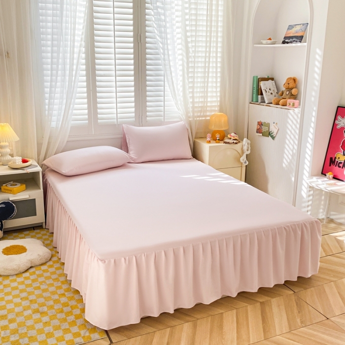 91家纺网 家纺一手货源 找家纺 极梦 2025新款纯色水洗棉磨毛单床裙三件套床垫保护套 淡浅粉