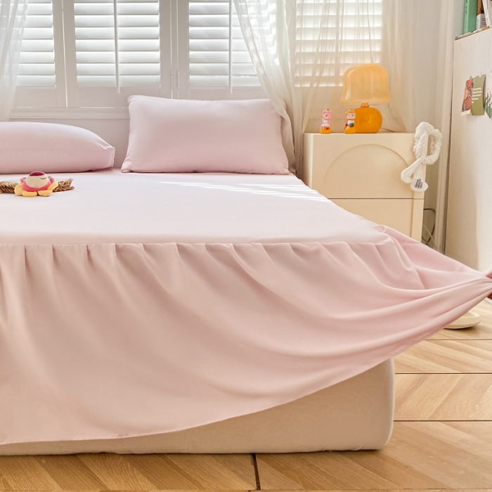 91家纺网 家纺一手货源 找家纺 极梦 2025新款纯色水洗棉磨毛单床裙三件套床垫保护套 淡浅粉