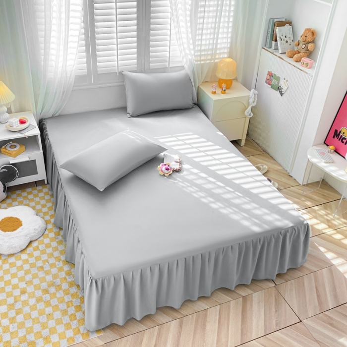 91家纺网 家纺一手货源 找家纺 极梦 2025新款纯色水洗棉磨毛单床裙三件套床垫保护套 淡浅灰