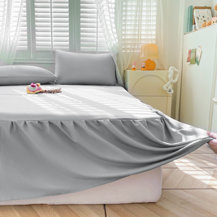 91家纺网 家纺一手货源 找家纺 极梦 2025新款纯色水洗棉磨毛单床裙三件套床垫保护套 淡浅灰