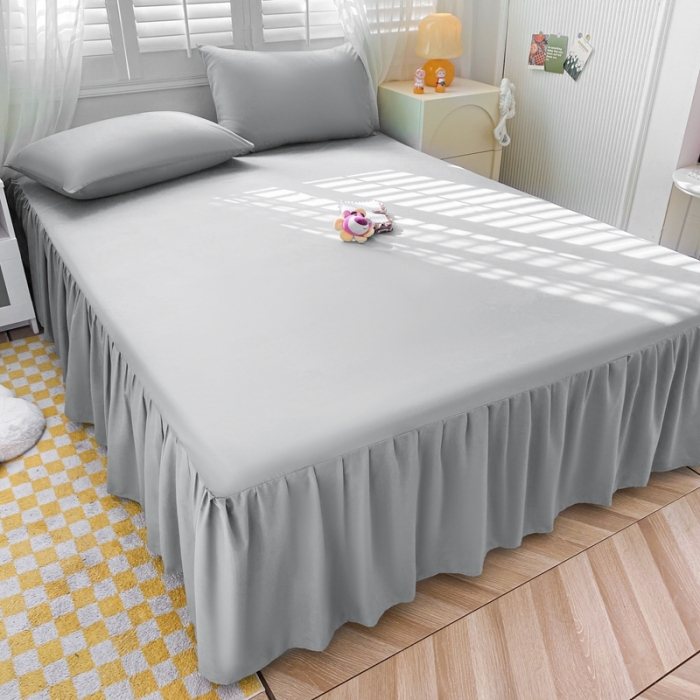 91家纺网 家纺一手货源 找家纺 极梦 2025新款纯色水洗棉磨毛单床裙三件套床垫保护套 淡浅灰