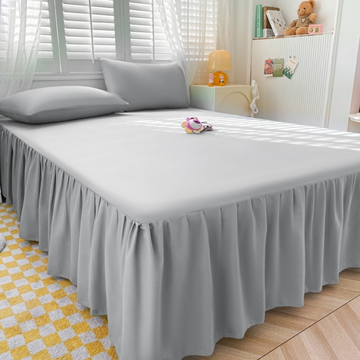 91家纺网 家纺一手货源 找家纺 极梦 2025新款纯色水洗棉磨毛单床裙三件套床垫保护套 淡浅灰