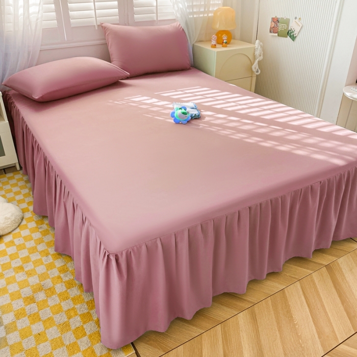 91家纺网 家纺一手货源 找家纺 极梦 2025新款纯色水洗棉磨毛单床裙三件套床垫保护套 豆沙藕