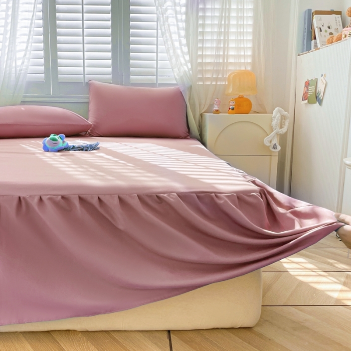 91家纺网 家纺一手货源 找家纺 极梦 2025新款纯色水洗棉磨毛单床裙三件套床垫保护套 豆沙藕