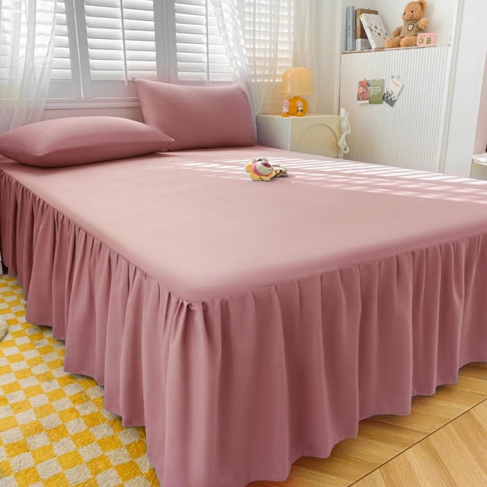 91家纺网 家纺一手货源 找家纺 极梦 2025新款纯色水洗棉磨毛单床裙三件套床垫保护套 豆沙藕