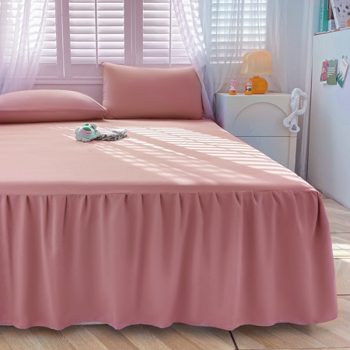 91家纺网 家纺一手货源 找家纺 极梦 2025新款纯色水洗棉磨毛单床裙三件套床垫保护套 豆沙藕