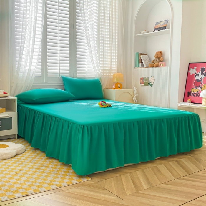 91家纺网 家纺一手货源 找家纺 极梦 2025新款纯色水洗棉磨毛单床裙三件套床垫保护套 湖绿蓝