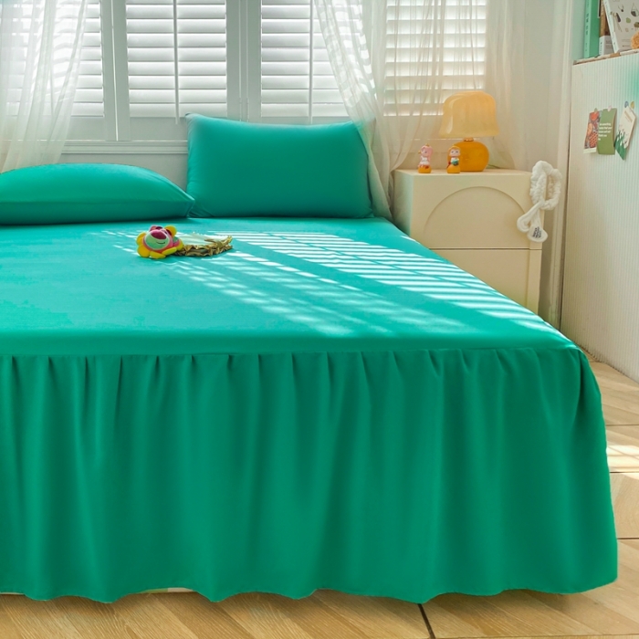 91家纺网 家纺一手货源 找家纺 极梦 2025新款纯色水洗棉磨毛单床裙三件套床垫保护套 湖绿蓝