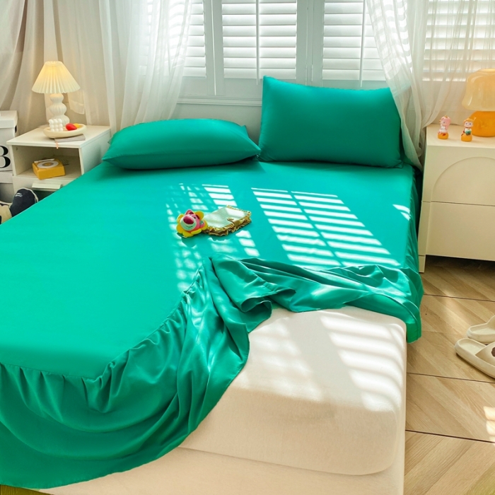 91家纺网 家纺一手货源 找家纺 极梦 2025新款纯色水洗棉磨毛单床裙三件套床垫保护套 湖绿蓝