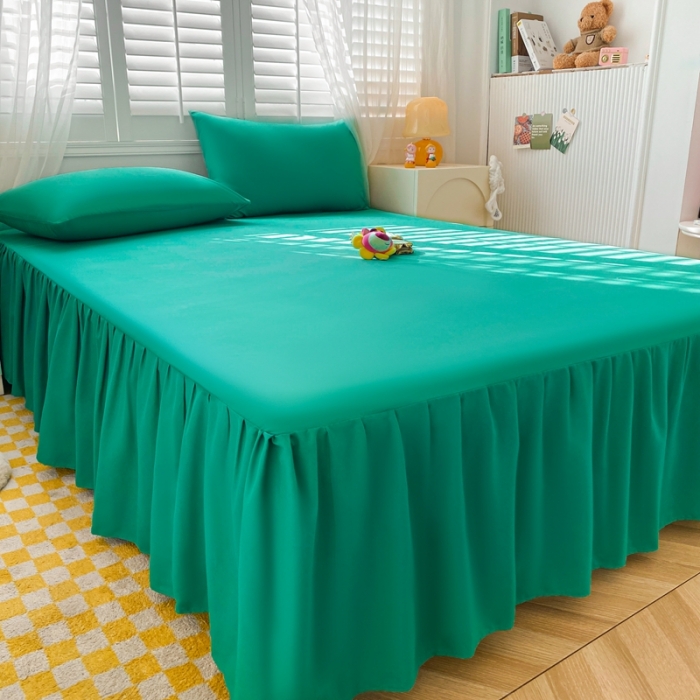 91家纺网 家纺一手货源 找家纺 极梦 2025新款纯色水洗棉磨毛单床裙三件套床垫保护套 湖绿蓝