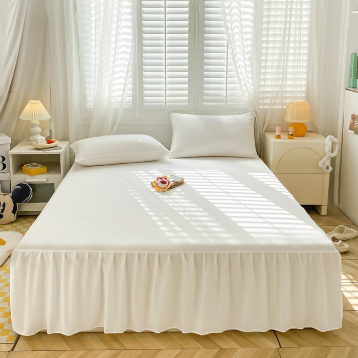 91家纺网 家纺一手货源 找家纺 极梦 2025新款纯色水洗棉磨毛单床裙三件套床垫保护套 米白