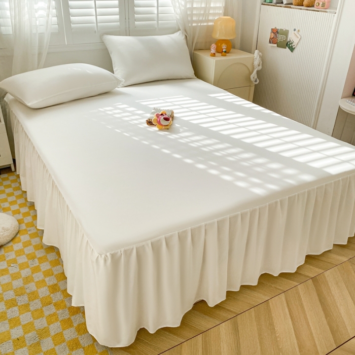 91家纺网 家纺一手货源 找家纺 极梦 2025新款纯色水洗棉磨毛单床裙三件套床垫保护套 米白