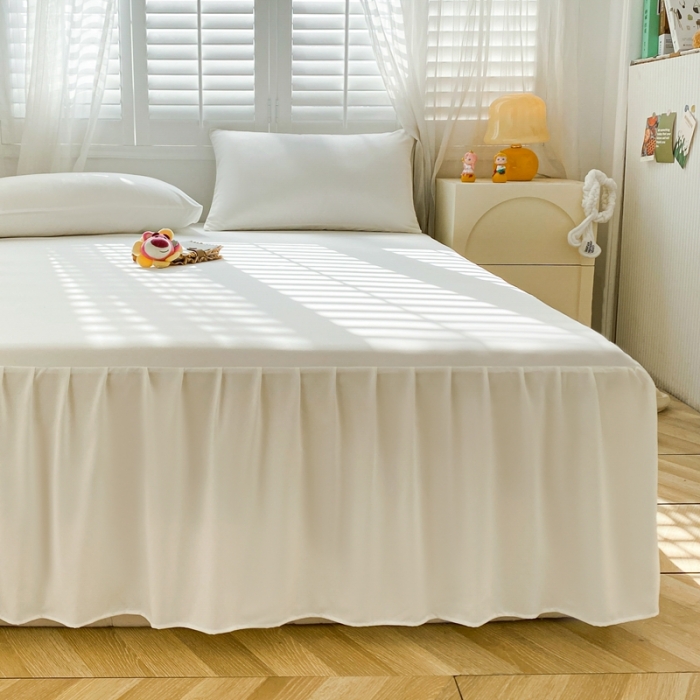 91家纺网 家纺一手货源 找家纺 极梦 2025新款纯色水洗棉磨毛单床裙三件套床垫保护套 米白