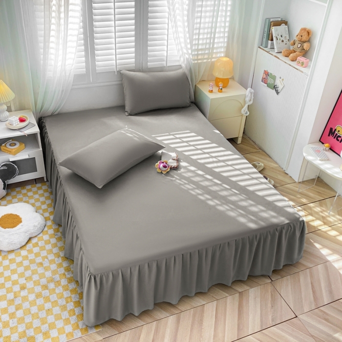 91家纺网 家纺一手货源 找家纺 极梦 2025新款纯色水洗棉磨毛单床裙三件套床垫保护套 深银灰