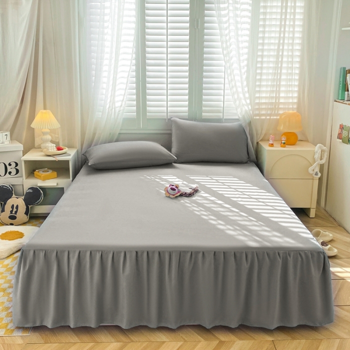 91家纺网 家纺一手货源 找家纺 极梦 2025新款纯色水洗棉磨毛单床裙三件套床垫保护套 深银灰