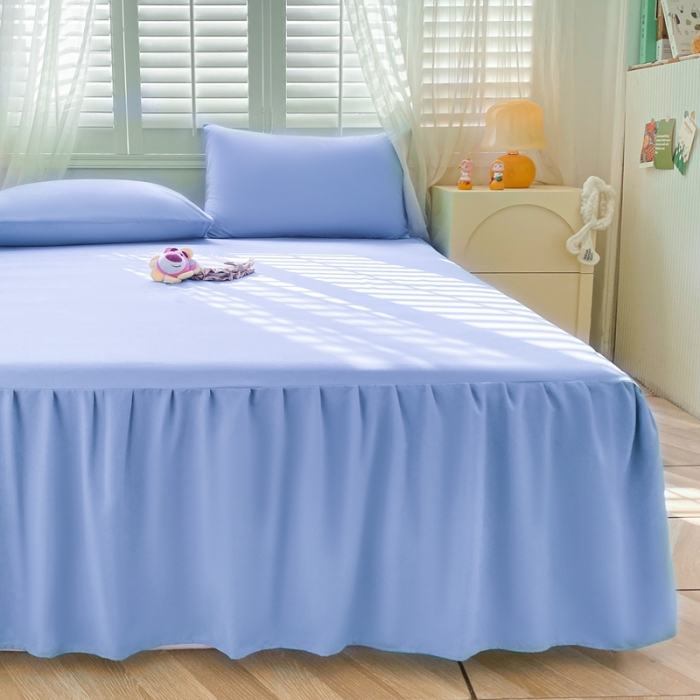 91家纺网 家纺一手货源 找家纺 极梦 2025新款纯色水洗棉磨毛单床裙三件套床垫保护套 天极蓝