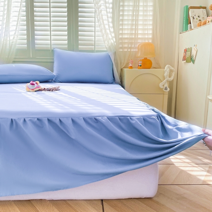 91家纺网 家纺一手货源 找家纺 极梦 2025新款纯色水洗棉磨毛单床裙三件套床垫保护套 天极蓝