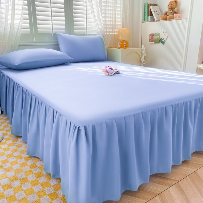 91家纺网 家纺一手货源 找家纺 极梦 2025新款纯色水洗棉磨毛单床裙三件套床垫保护套 天极蓝