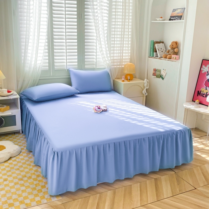 91家纺网 家纺一手货源 找家纺 极梦 2025新款纯色水洗棉磨毛单床裙三件套床垫保护套 天极蓝