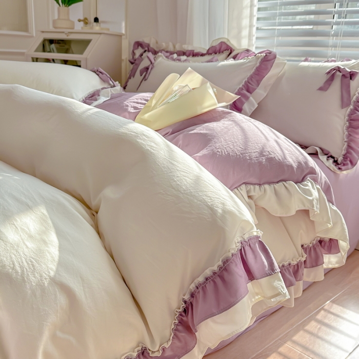 91家纺网 家纺一手货源 找家纺 言熙居 2024新款直播韩版花边水洗棉麻三件四件套小清新-紫