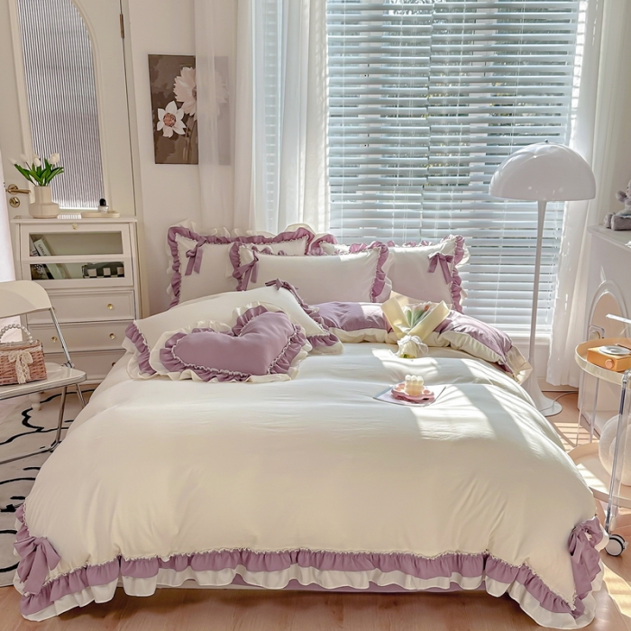 91家纺网 家纺一手货源 找家纺 言熙居 2024新款直播韩版花边水洗棉麻三件四件套小清新-紫