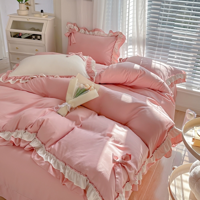 91家纺网 家纺一手货源 找家纺 言熙居 2024新款直播韩版花边水洗棉麻三件四件套小清新-玉