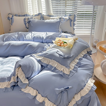 言熙居 2024新款直播韩版花边水洗棉麻三件四件套小清新-蓝