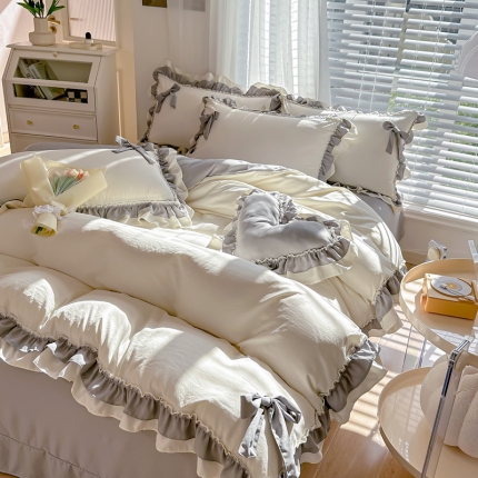 91家纺网 家纺一手货源 找家纺 言熙居 2024新款直播韩版花边水洗棉麻三件四件套小清新-灰