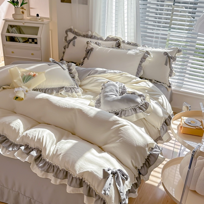 91家纺网 家纺一手货源 找家纺 言熙居 2024新款直播韩版花边水洗棉麻三件四件套小清新-灰