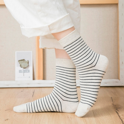 【女士条纹长袜】日式无印条纹女袜良品棉袜子秋冬条纹保暖长袜