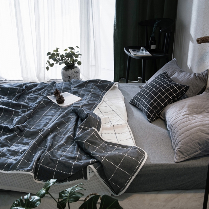 91家纺网 家纺一手货源 找家纺 朴尔 2023新款全尺寸经典六层纱布全棉毛巾被系列 时尚虚线-藏青