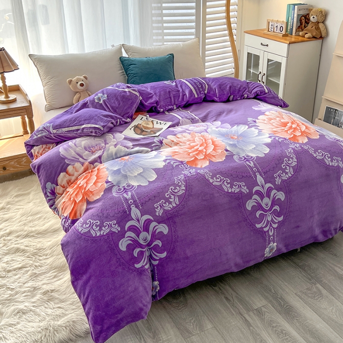 91家纺网 家纺一手货源 找家纺 爱上家居 2023新款牛奶绒保暖单被套 花影紫