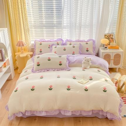 91家纺网 家纺一手货源 找家纺 （总）AB家纺2023新款韩版水洗棉毛巾绣四件套-郁金香系列