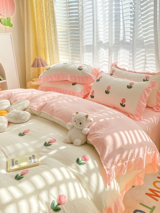 91家纺网 家纺一手货源 找家纺 （总）AB家纺2023新款韩版水洗棉毛巾绣四件套-郁金香系列