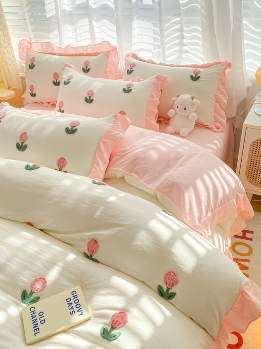 91家纺网 家纺一手货源 找家纺 （总）AB家纺2023新款韩版水洗棉毛巾绣四件套-郁金香系列