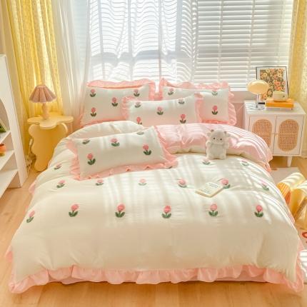 AB家纺2023新款韩版水洗棉毛巾绣四件套-郁金香系列 郁金香白-玉