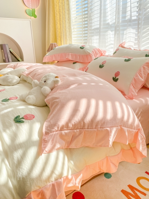 91家纺网 家纺一手货源 找家纺 AB家纺2023新款韩版水洗棉毛巾绣四件套-郁金香系列 郁金香白-玉