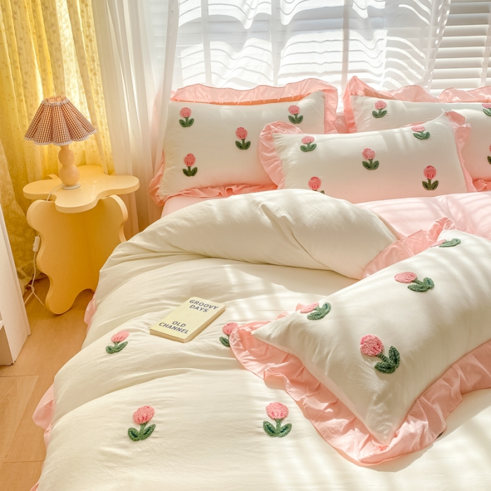 91家纺网 家纺一手货源 找家纺 AB家纺2023新款韩版水洗棉毛巾绣四件套-郁金香系列 郁金香白-玉