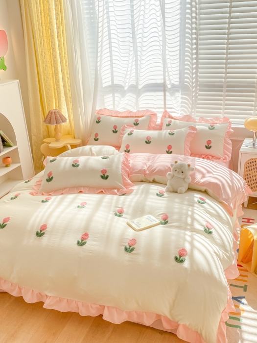 91家纺网 家纺一手货源 找家纺 AB家纺2023新款韩版水洗棉毛巾绣四件套-郁金香系列 郁金香白-玉