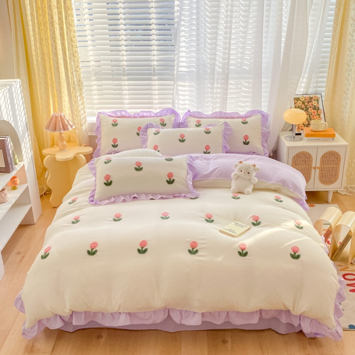 91家纺网 家纺一手货源 找家纺 AB家纺2023新款韩版水洗棉毛巾绣四件套-郁金香系列 郁金香白-紫